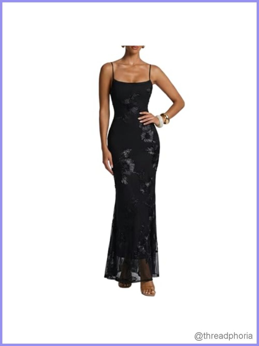 Bodycon Maxi Dress with 3D Satin Floral Appliques Square Neckline